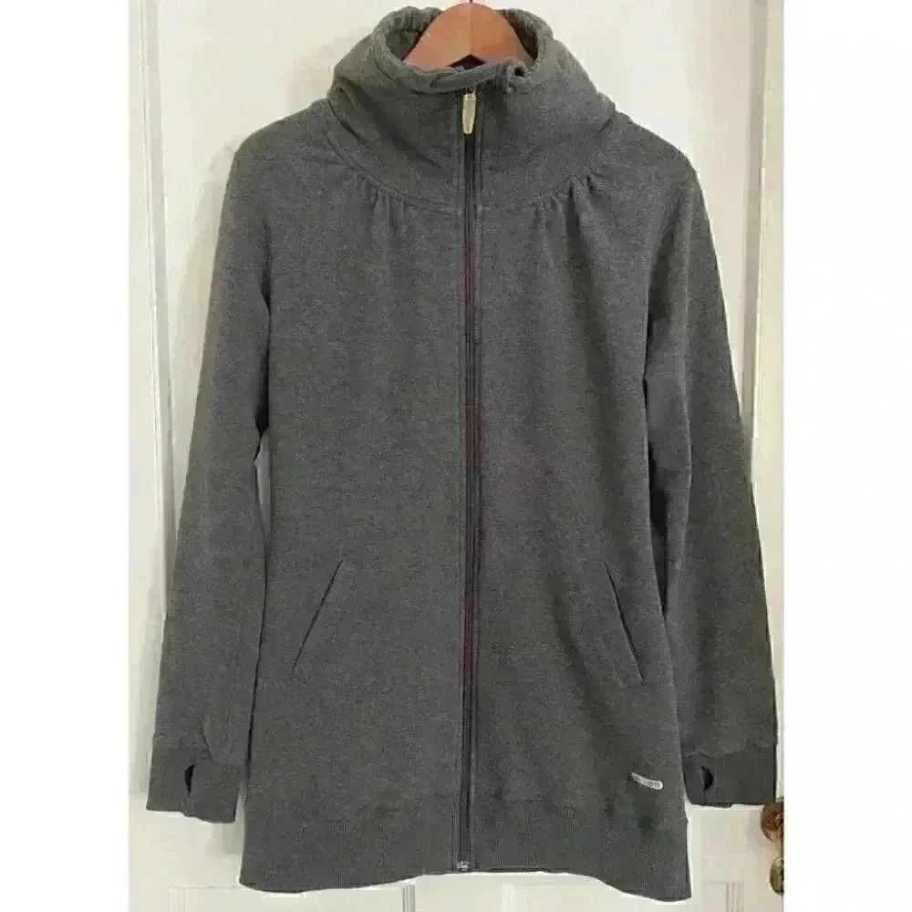 WOMEN’S One Tooth Long Grey Sweatshirt With Lovely Cowl Neck Size M